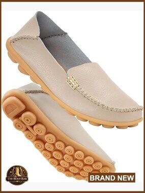 Women's Soft Leather Loafers Slip-On Driving Flats Round Toe Walking Shoes